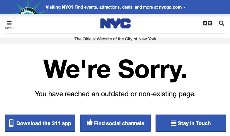 'We are Sorry' message on a NYC.gov site 